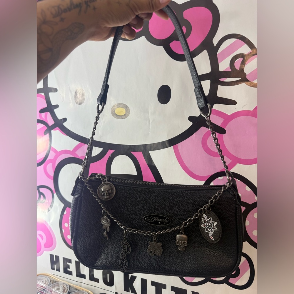 Ed Hardy Black Shoulder Bag with Chain Charms